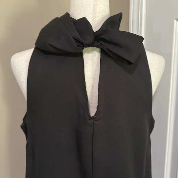 Umgee Ruffle Neck A-line Sleeveless Mini Dress with Bow Tie in Black - Picture 6 of 8